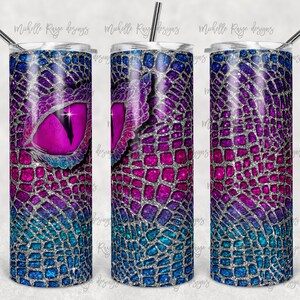 Dragon Blue and Purple Ombre Silver Glitter, Scales, Eye, Sublimation, 20 oz Skinny Tumbler, Instant Download