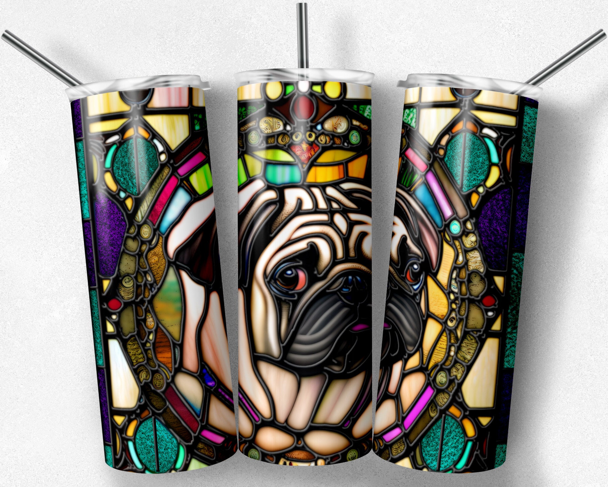Pug Dog PNG Sublimation Tumbler Wrap, Pug Puppy Stained Glass Tumbler ...