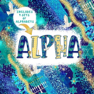 Alphabet de Hanoucca PNG, lettres à sublimation pour gobelets, etc., alphas de la fête juive, or bleu, superpositions, lettre, clipart ABC, clipart PNG