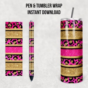 May include: A digital download design featuring a pink and gold leopard print with glitter accents. The design is for a tumbler and pen wrap.