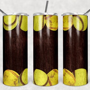 Pelotas de softbol en grano de madera oscura, vasos flacos, vaso de 20 oz, descarga instantánea, PNG