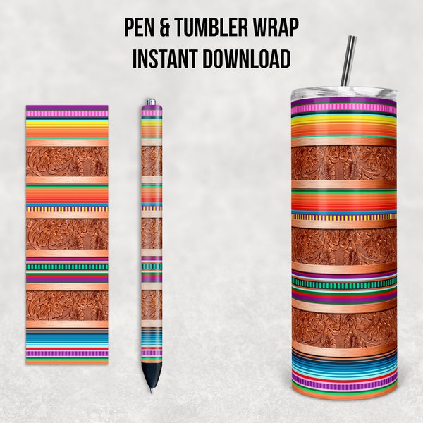 Western Tooled Leather Serape Stripes, 20 oz Skinny Tumbler and Pen Combo, Sublimation Design, Instant Download