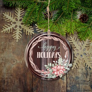 Fijne feestdagen op hout met poinsettia bloemen kerstornament, instant digitale download, mockup inbegrepen