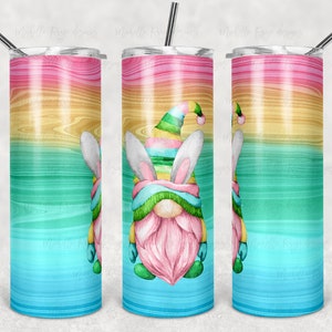 Gnomo de Pascua en grano de madera de arcoíris pastel, envoltura de sublimación, 20 oz. Vasos flacos, descarga digital instantánea, archivo PNG