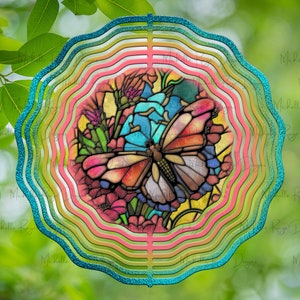 Butterfly and Flowers Stained Glass Design, Hanging Wind Spinners for Outdoors, Sublimation Design, Instant Download