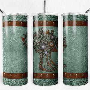 Sage Green, Violet Floral Cowgirl Boot, Tłoczona skóra, Western, Wzór sublimacji, 20 oz Skinny Tumbler, Natychmiastowe pobranie