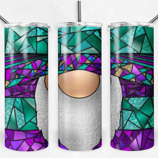 Mosaic Sweater Gnome Stained Glass, Purple, Teal, Christmas Sublimation Design, 20 oz Skinny Tumbler, Instant Download