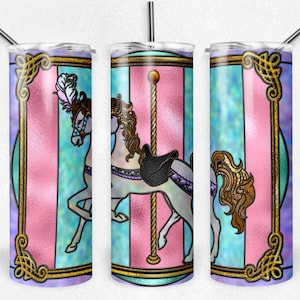 Vitral de cavalo carrossel, rosa e azul, design de sublimação, design de copo magro de 20 onças, download digital instantâneo