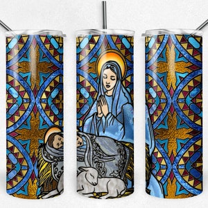 Heilige Moeder Maria, Baby Jezus, Gebrandschilderd glas, Kerstsublimatieontwerp, 20 oz Skinny Tumbler, Instant Digitale Download