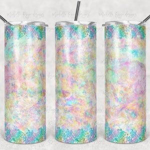 May include: Three stainless steel tumblers with a pastel rainbow marble design and a glitter rim. The tumblers are 20 ounces each.