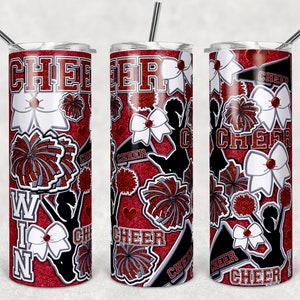Cheerleader red white Sublimation Tumbler wrap Png, Cheer, School colors, 20 oz skinny sublimation tumbler design, PNG cheer File, Instant