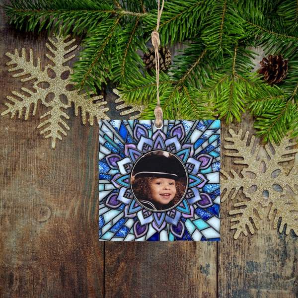 Snowflake Stained Glass Picture Frame Christmas Ornament, Sublimation Design, Instant Digital Download, Mockup Included