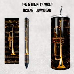 May include: A digital download design featuring a gold trumpet on a black background with musical notes. The design is for a pen and tumbler wrap.