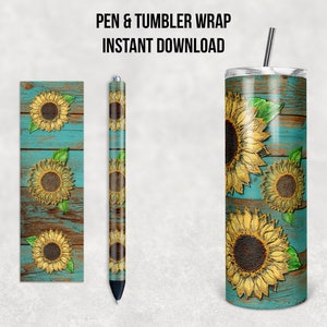 Sonnenblumen auf Petrol rustikalem Holz, 20 oz Skinny Tumbler und Pen Combo, Sublimationsdesign, Instant Download