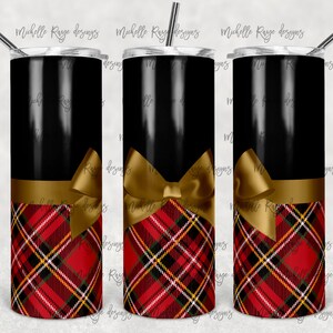 May include: A black and gold tumbler with a red and black plaid pattern and a gold bow. The tumbler is decorated with a gold bow and a plaid pattern.