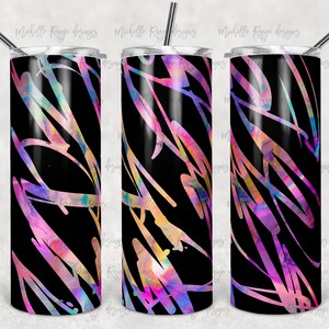 May include: A black stainless steel tumbler with a colorful abstract design featuring pink, purple, blue, and yellow hues. The design resembles brushstrokes or splatters of paint.