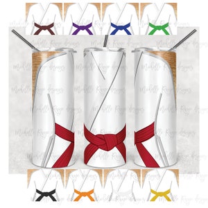 May include: Set of 10 sublimation designs for 20oz skinny tumblers featuring a white karate uniform with different coloured belts. The belts are black, red, blue, green, orange, and yellow.