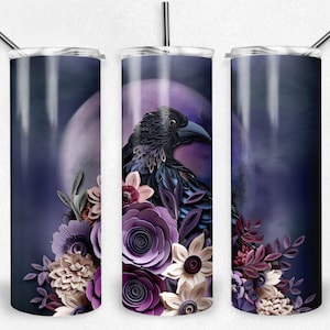 Raven on a full moon with flowers Sublimation Design, 20 oz. Skinny Sublimation Tumblers, Instant Download