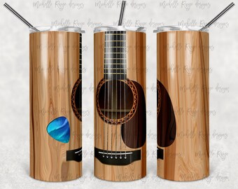 20 oz Skinny tumbler PNG Sublimation wrap, Médiator de guitare acoustique, Fichier Guitar Full Tumbler, Téléchargement instantané, Professeur de musique PNG Design