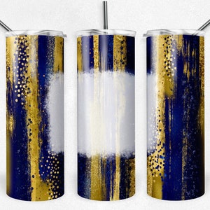 May include: Three stainless steel tumblers with lids and straws. The tumblers have a blue and gold abstract design with gold glitter accents.