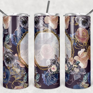 Plum Gold Geo Frame Blank Floral Background, Skinny Tumblers, 20 oz Tumbler, Instant Download, PNG