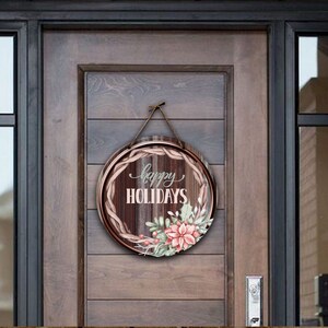 Fijne feestdagen op hout met bloemen 18" brede deurhanger, sublimatieontwerp, direct downloaden, mockup inbegrepen