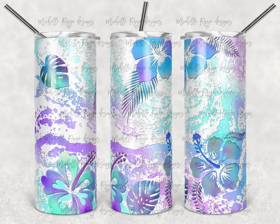 Blue Purple Tropical Flowers Power Wash, Sublimation, 20 Oz Skinny.
