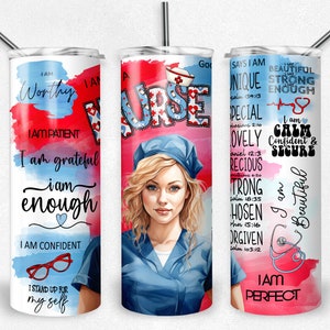 Krankenschwester RN Affirmation PNG Sublimationsbecher wickeln, blonde Frau Hut Rot Blau, 20 oz Skinny Tumbler Datei, Inspiration, Sofort Download