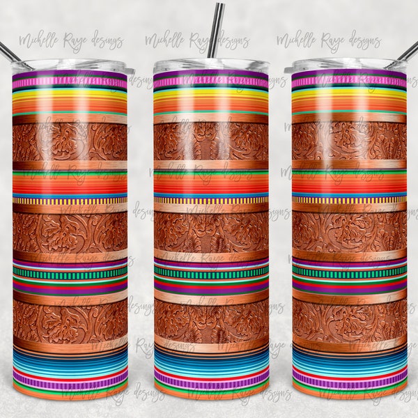 Western Tooled Leather, Bronze and Serape Stripes, Sublimation, 20 oz. Skinny Tumblers, Instant Digital Download, PNG