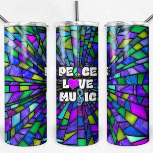 Purple and Teal Stained Glass, Peace Love Music, 20 oz Skinny Tumbler, Sublimation Design, Instant Digital Download