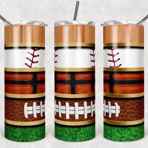Baloncesto de béisbol y fútbol con rayas de hierba y grano de madera, vasos flacos, vaso de 20 oz, descarga instantánea, PNG