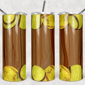 Pelotas de softbol en grano de madera claro, vasos flacos, vaso de 20 oz, descarga instantánea, PNG
