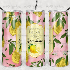 Puede incluir: Un vaso rosa y dorado con un diseño de limón y el texto "Cuando la vida te da limones, es hora de tomar gotas de limón".