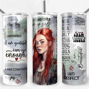 Rotes Haar Affirmation PNG Sublimationsbecher wickeln, kaukasische Frau, 20 Unzen Skinny Tumbler, Selbstliebe, Inspiration, Sofort-Download