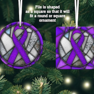 Purple Awareness Ribbon Stained Glass Christmas Ornament, Pancreatic Cancer, Fibromyalgia, Sublimation Design, Instant Download, Mockup
