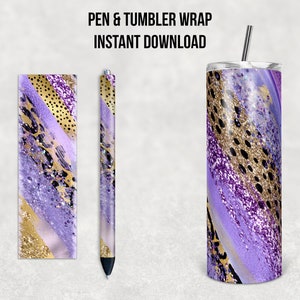 May include: Purple and gold glitter pen and tumbler wrap design. The design features a purple and gold glitter background with black and gold accents.  The design is perfect for adding a touch of sparkle to your everyday life.