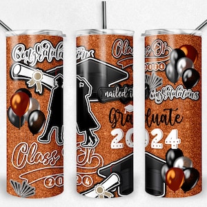 Envoltório de copo de graduação PNG, brilho preto laranja, 2024 Graduation Burst, Graduação, copos magros de 20 onças, turma de 2024, download instantâneo