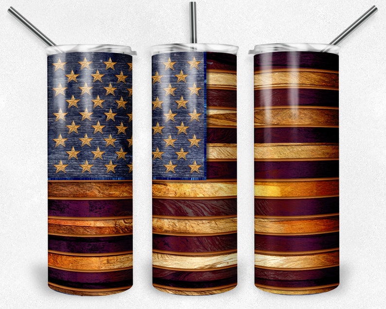 Hölzerne amerikanische Flagge Becher, PNG Wrap, Vaterländisches Design, Sublimation, dünne Becher, 20 Unzen Becher, sofortiger Download, PNG Bild 1