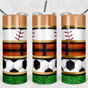Baloncesto de béisbol y fútbol con rayas de hierba y grano de madera, vasos flacos, vaso de 20 oz, descarga instantánea, PNG