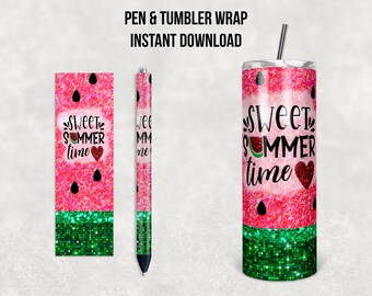 Sweet Summer Time, Glitter Watermelon, 20 oz Skinny Tumbler and Pen Combo, Sublimation Design, Instant Download