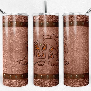 Rust Brown, Orange, Cowboy Hat and Boots, Tooled Leather, Western, Sublimation Design, 20 oz Skinny Tumbler, Download