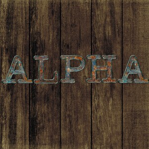 May include: The word "ALPHA" is spelled out in large, rusty letters against a woodgrain background.