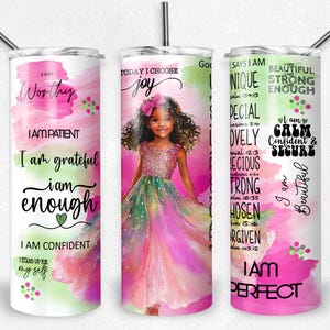 Self Love Affirmation PNG Sublimationsbecherverpackung, Afroamerikanerjunges Mädchen, 20 Unzen Skinny Tumbler-Datei, Inspiration, Sofort-Download