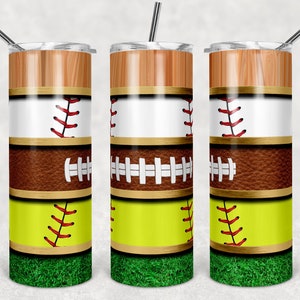 Béisbol Softbol y fútbol con rayas de hierba y grano de madera, vasos flacos, vaso de 20 oz, descarga instantánea, PNG