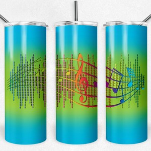 Blue Green and Neon Music Notes, Sound Bar, 20 oz Skinny Tumbler, Sublimation Design, Instant Digital Download
