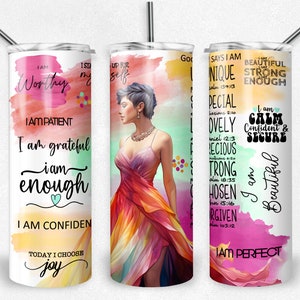 Self Love Affirmation PNG Sublimazione tumbler wrap, bruna capelli castani pixie donna, file magro tumbler da 20 oz, ispirazione, arcobaleno