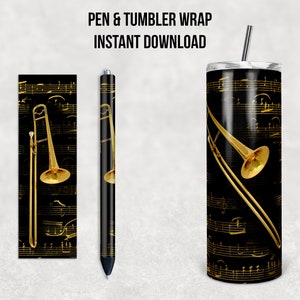 May include: A digital download design featuring a gold trombone on a black background with musical notes. The design is for a pen and tumbler wrap.