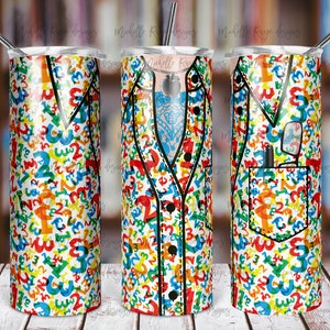 May include: A white stainless steel tumbler with a colorful pattern of numbers and a black outline of a teacher's outfit. The tumbler has a black lid and a straw.
