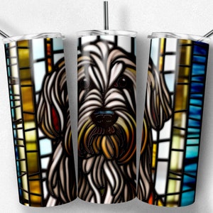 Vidrieras Labradoodle PNG Wrap, Archivo de vaso de sublimación para perros, Diseño de vaso de 20 oz, Descarga digital, Mosaico, Garabato dorado, PNG