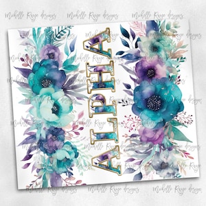 Alfabeto floral de acuarela, bisel dorado, superposiciones PNG, superposiciones de letras, imágenes prediseñadas ABC, alfas, fuente PNG hecha para combinar, solo letras de color verde azulado púrpura